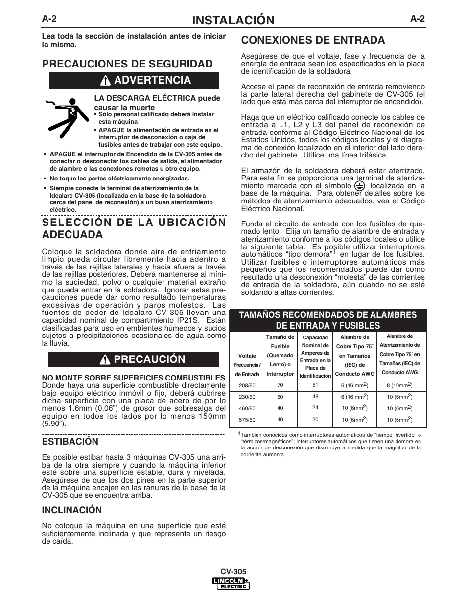 Instalación, Conexiones de entrada, Advertencia | Precaución, Estibación, Inclinación | Lincoln Electric IM860 IDEALARC CV-305 User Manual | Page 9 / 41