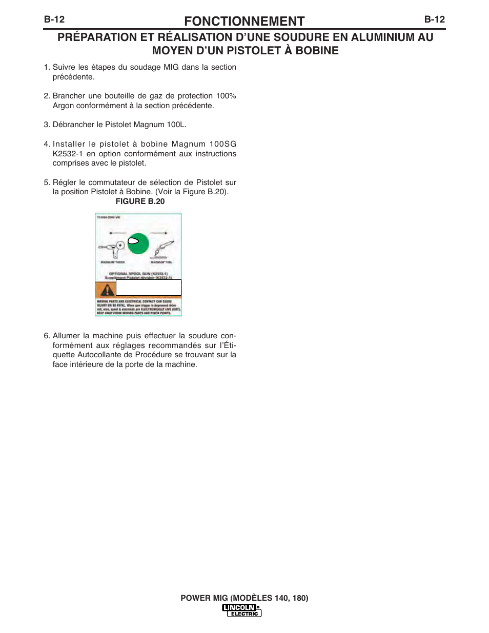 Fonctionnement, Warning | Lincoln Electric IM890 POWER MIG 140_180 User Manual | Page 25 / 42