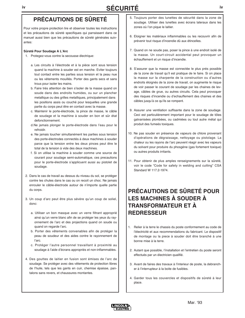 Sécurité, Précautions de sûreté | Lincoln Electric IM890 POWER MIG 140_180 User Manual | Page 5 / 42