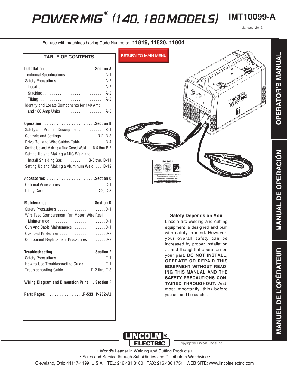 Lincoln Electric IMT10099 POWER MIG 140_180 User Manual | 104 pages