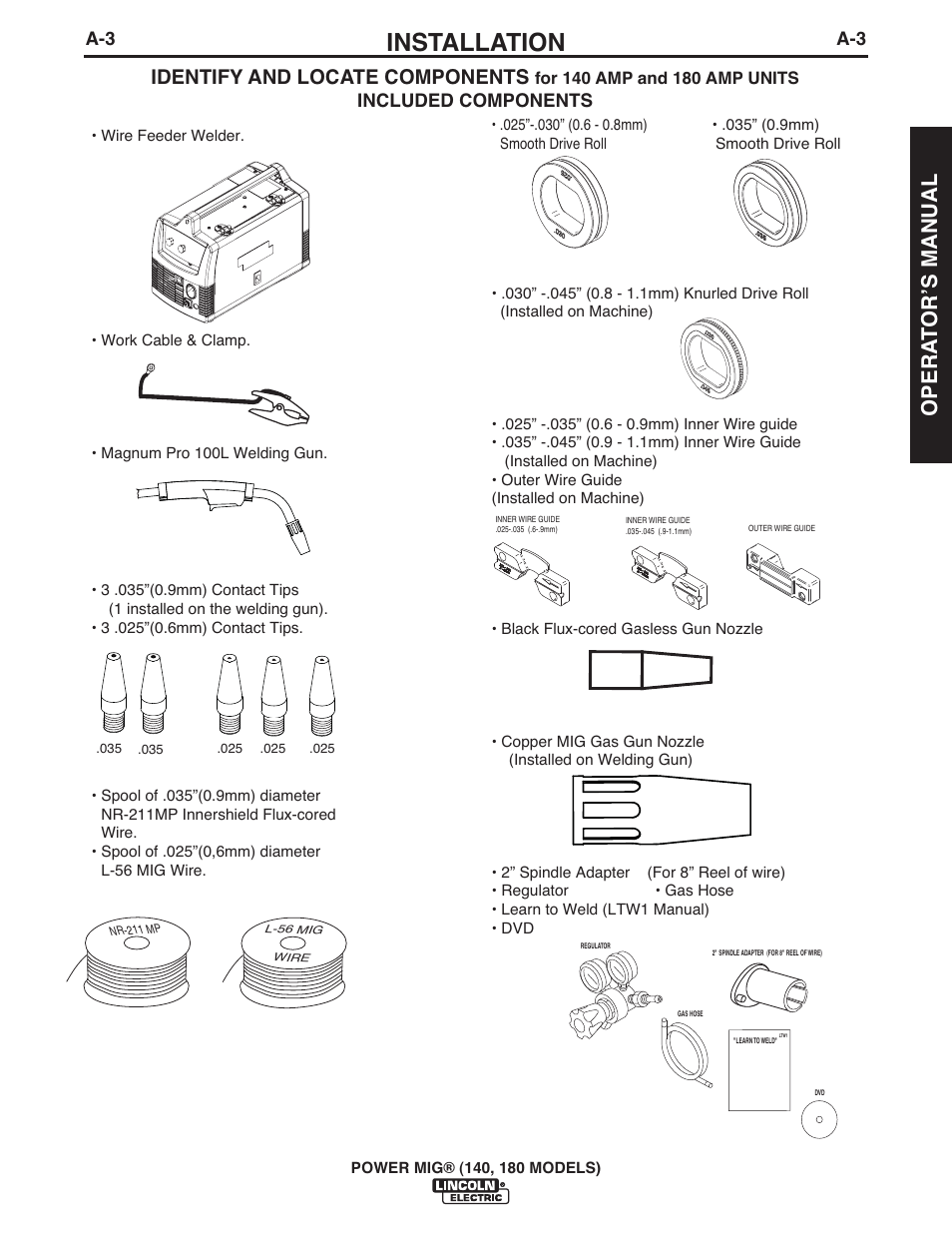 Installation, Opera t orʼs manual, Identify and locate components | Included components | Lincoln Electric IMT10099 POWER MIG 140_180 User Manual | Page 11 / 104