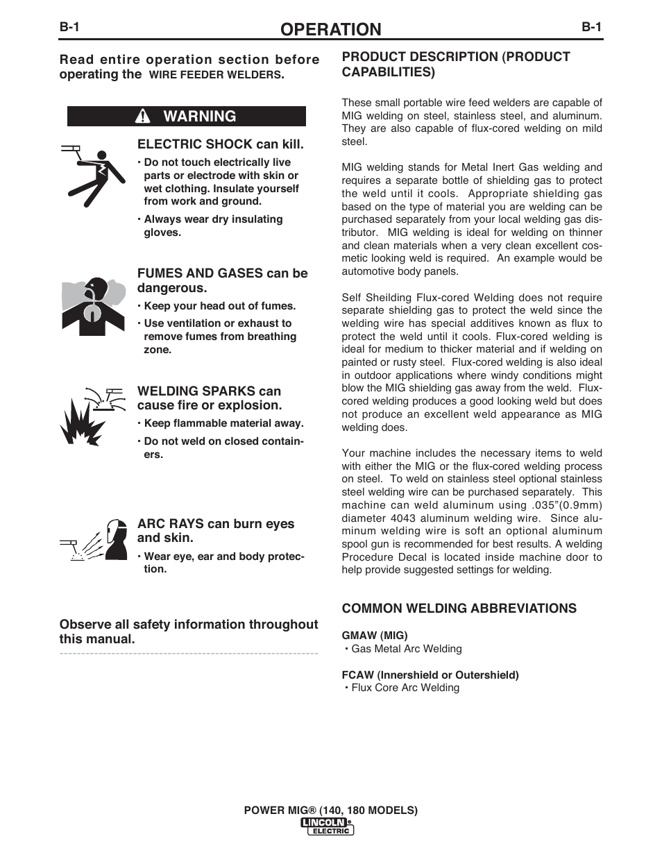 Operation, Warning | Lincoln Electric IMT10099 POWER MIG 140_180 User Manual | Page 12 / 104