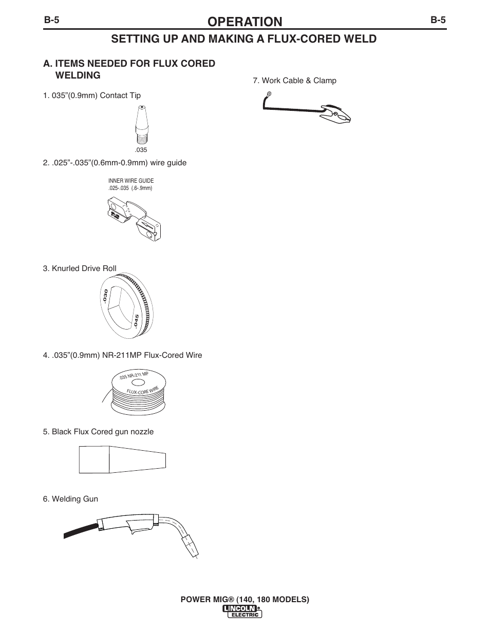 Operation, Setting up and making a flux-cored weld, A. items needed for flux cored welding | Lincoln Electric IMT10099 POWER MIG 140_180 User Manual | Page 16 / 104