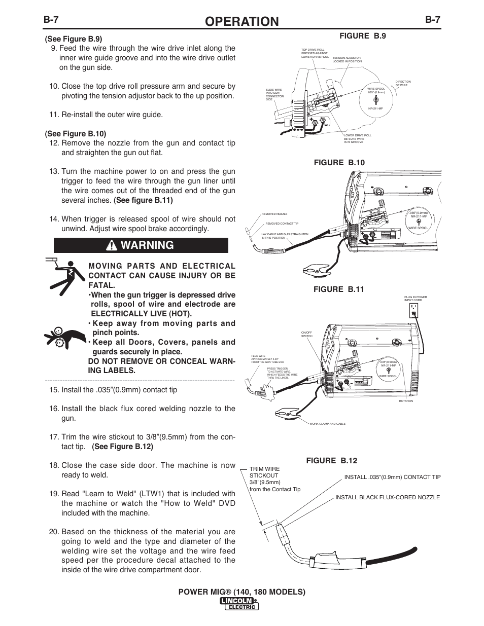 Operation, Warning, Figure b.10 figure b.11 | Figure b.9 figure b.12 | Lincoln Electric IMT10099 POWER MIG 140_180 User Manual | Page 18 / 104