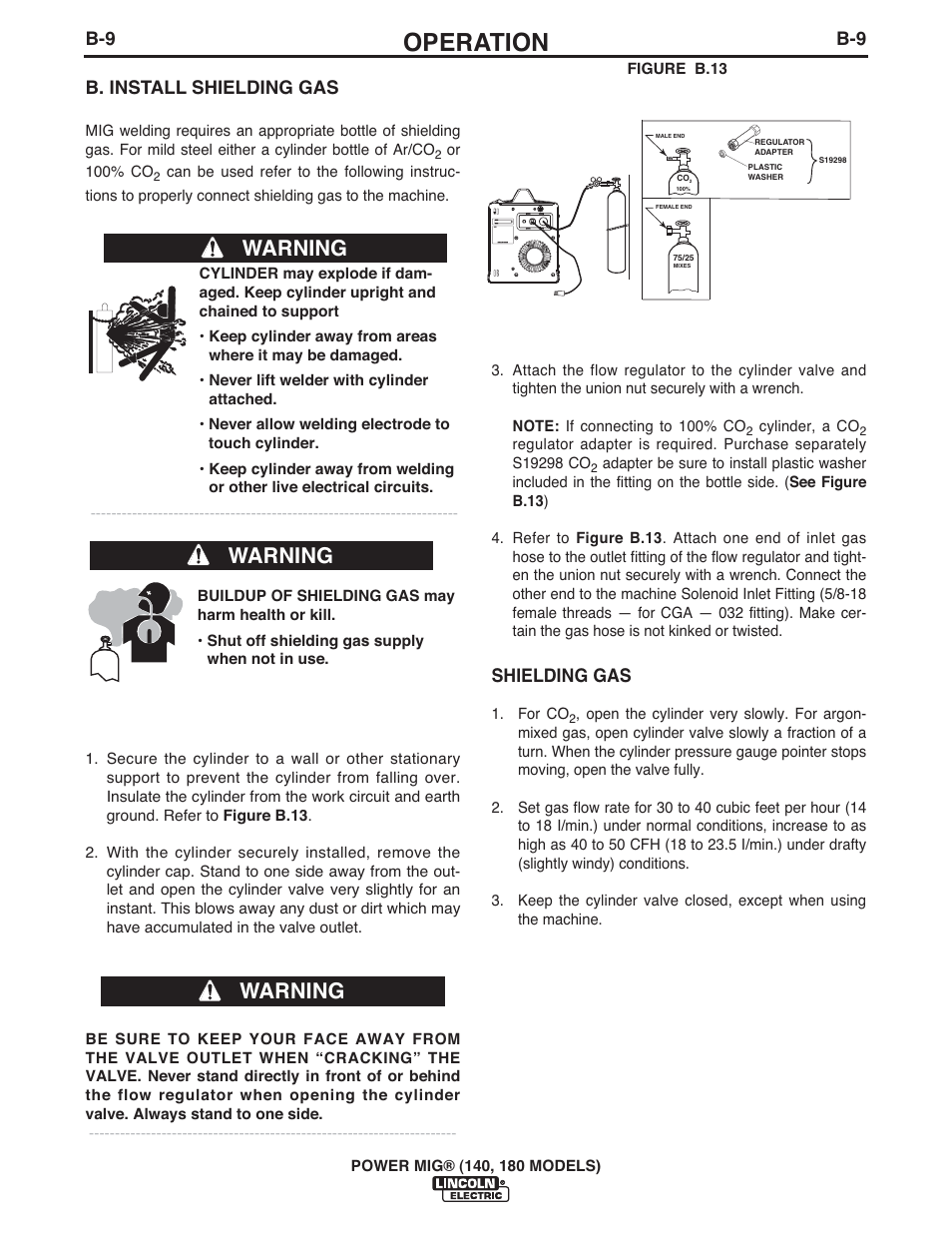 Operation, Warning, B. install shielding gas | Shielding gas | Lincoln Electric IMT10099 POWER MIG 140_180 User Manual | Page 20 / 104