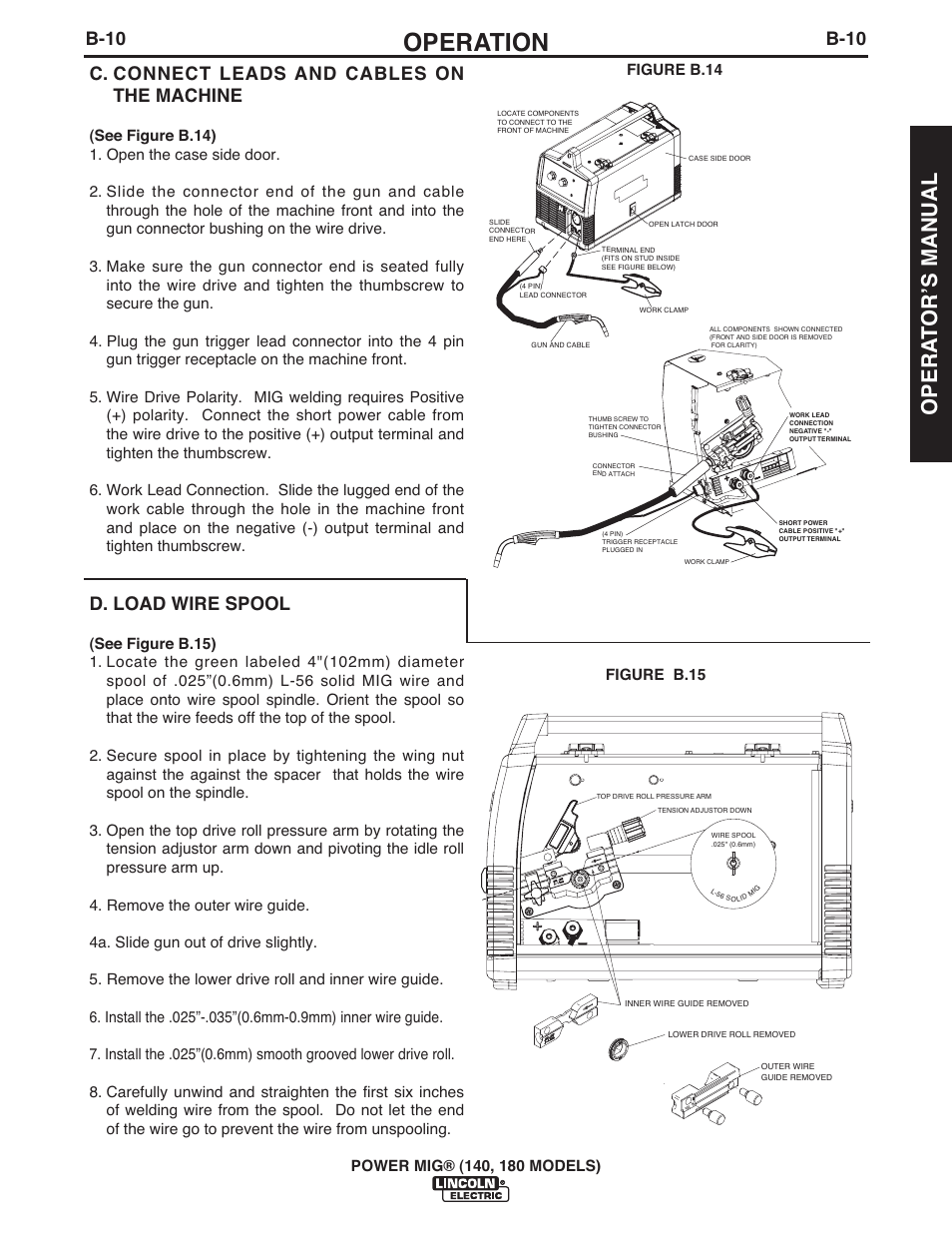 Operation, Opera t orʼs manual, B-10 | C. connect leads and cables on the machine, D. load wire spool | Lincoln Electric IMT10099 POWER MIG 140_180 User Manual | Page 21 / 104