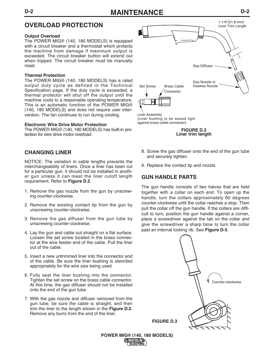 Maintenance, Overload protection | Lincoln Electric IMT10099 POWER MIG 140_180 User Manual | Page 28 / 104