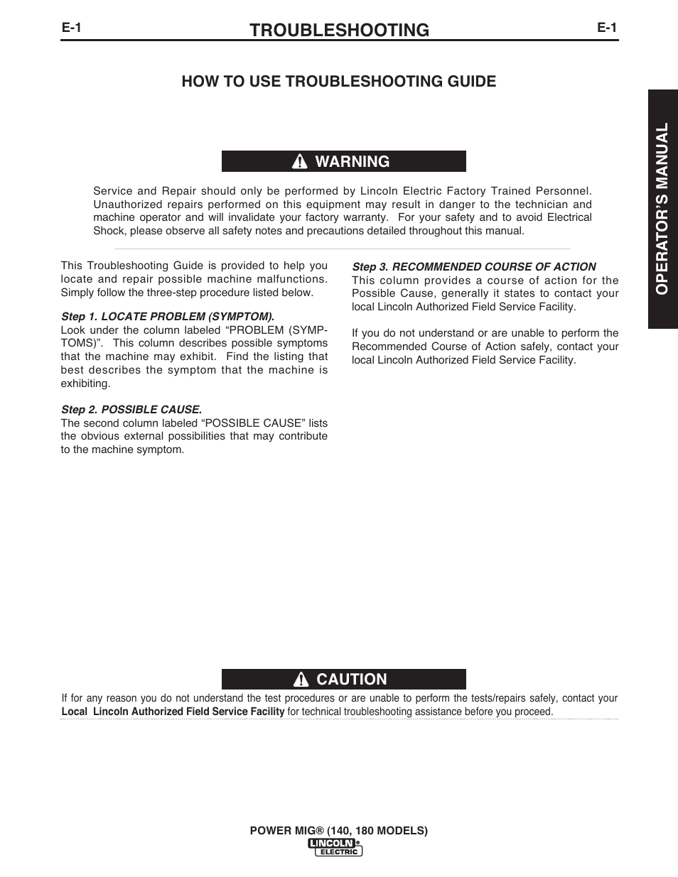 Troubleshooting | Lincoln Electric IMT10099 POWER MIG 140_180 User Manual | Page 29 / 104