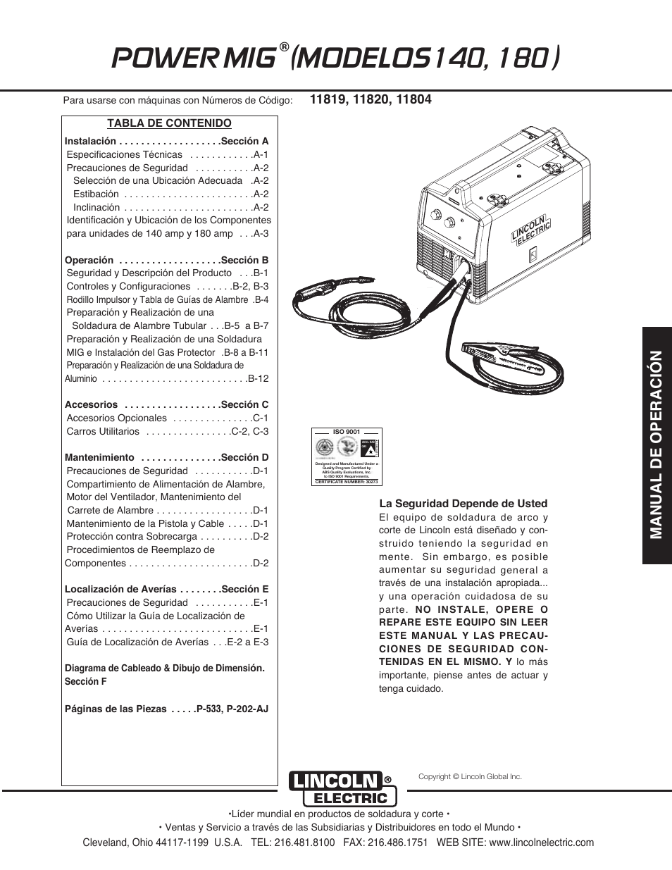 Manual de operación | Lincoln Electric IMT10099 POWER MIG 140_180 User Manual | Page 35 / 104