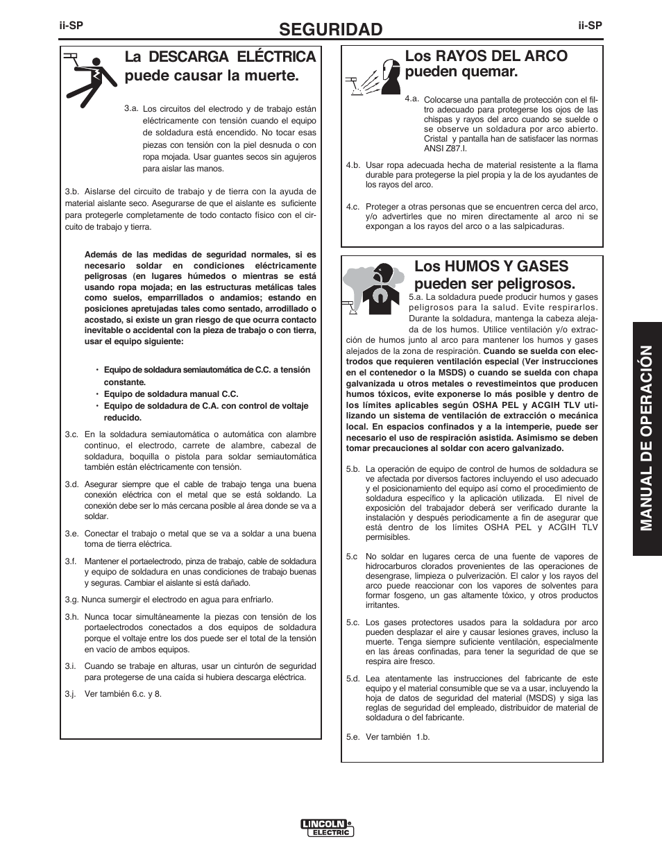 Seguridad, Manual de operación, Los rayos del arco pueden quemar | La descarga eléctrica puede causar la muerte, Los humos y gases pueden ser peligrosos | Lincoln Electric IMT10099 POWER MIG 140_180 User Manual | Page 37 / 104