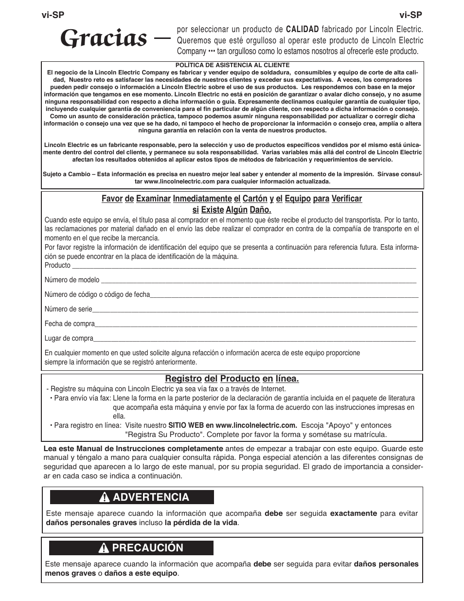 Gracias, Advertencia, Precaución | Lincoln Electric IMT10099 POWER MIG 140_180 User Manual | Page 42 / 104