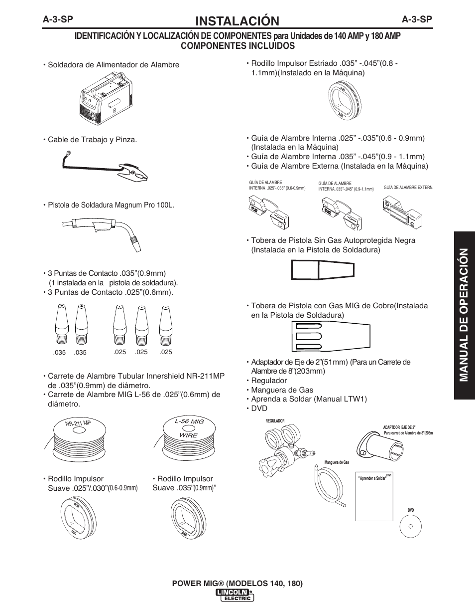 Instalación, Manual de operación, A-3-sp | Lincoln Electric IMT10099 POWER MIG 140_180 User Manual | Page 45 / 104