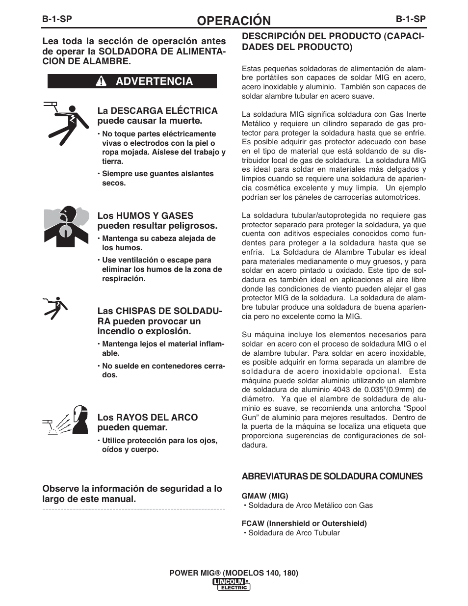 Operación, Advertencia | Lincoln Electric IMT10099 POWER MIG 140_180 User Manual | Page 46 / 104