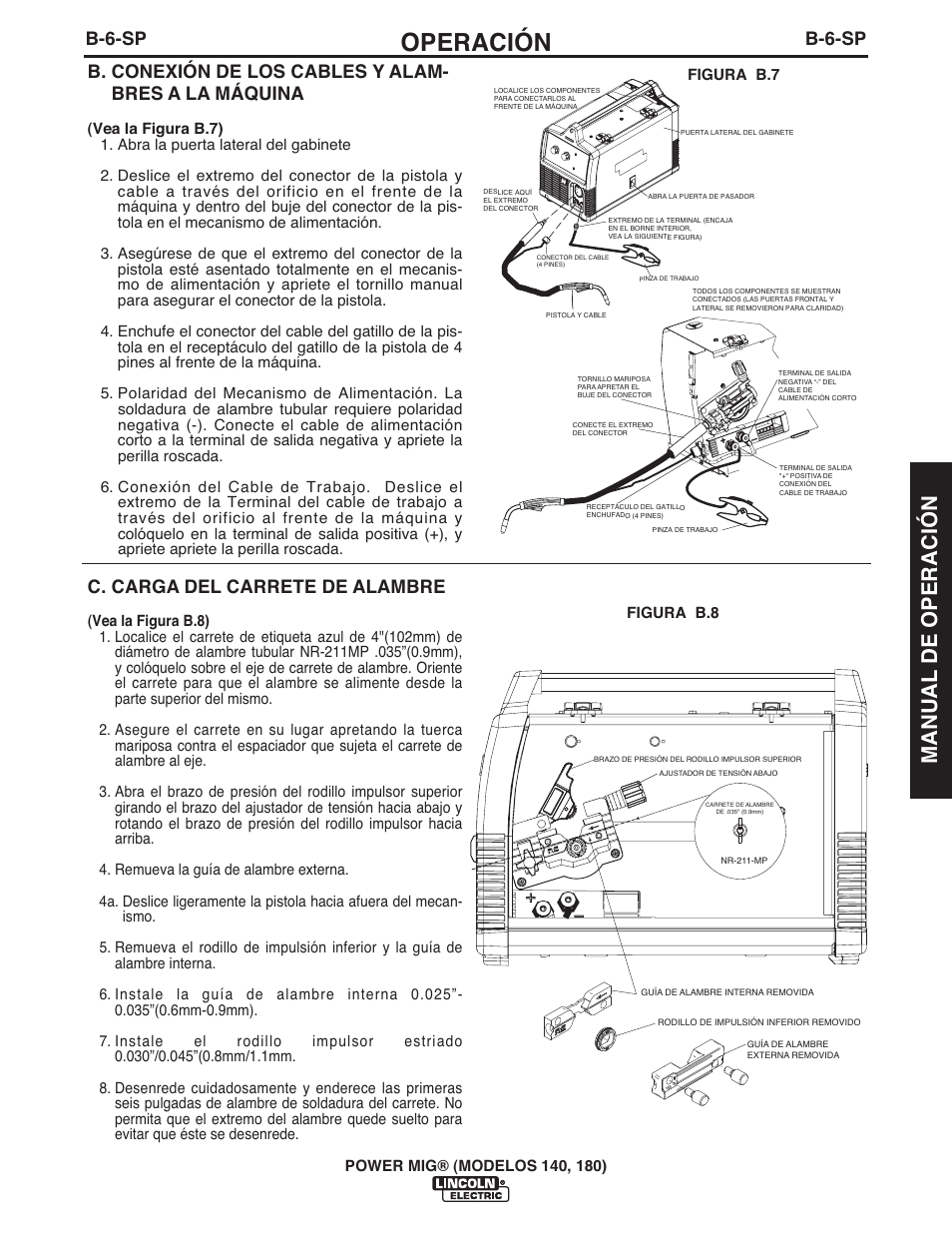 Operación, Manual de operación, B-6-sp | C. carga del carrete de alambre | Lincoln Electric IMT10099 POWER MIG 140_180 User Manual | Page 51 / 104