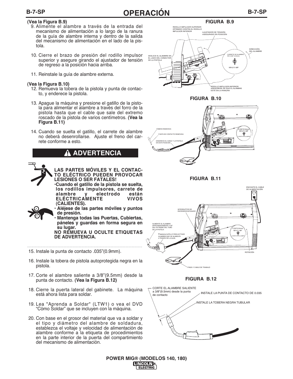 Operación, Advertencia, B-7-sp | Lincoln Electric IMT10099 POWER MIG 140_180 User Manual | Page 52 / 104