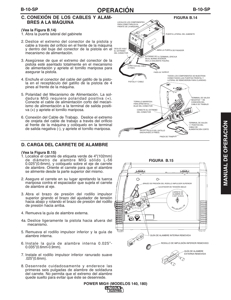 Operación, Manual de operación, B-10-sp | D. carga del carrete de alambre | Lincoln Electric IMT10099 POWER MIG 140_180 User Manual | Page 55 / 104