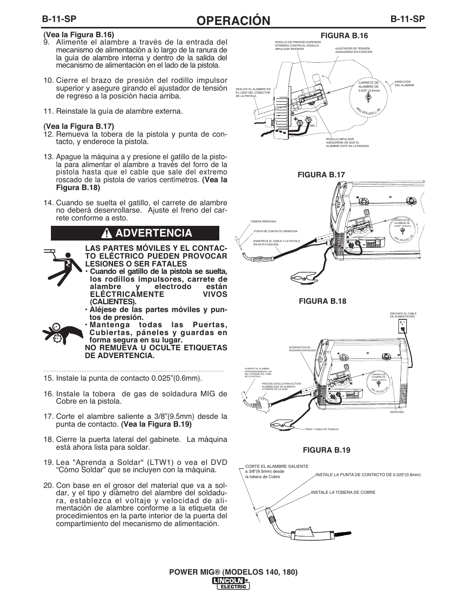 Operación, Advertencia, B-11-sp | Lincoln Electric IMT10099 POWER MIG 140_180 User Manual | Page 56 / 104