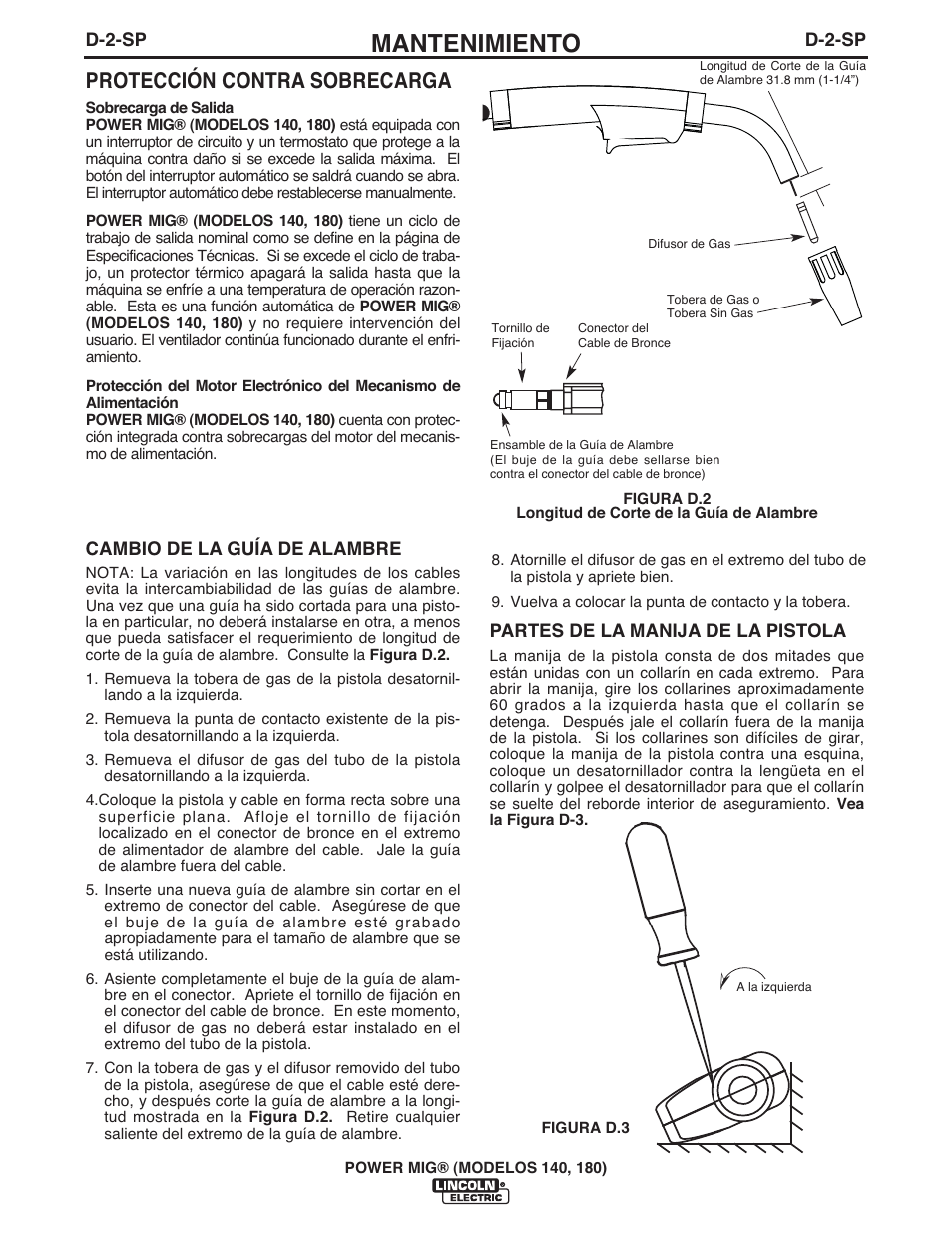 Mantenimiento, Protección contra sobrecarga | Lincoln Electric IMT10099 POWER MIG 140_180 User Manual | Page 62 / 104