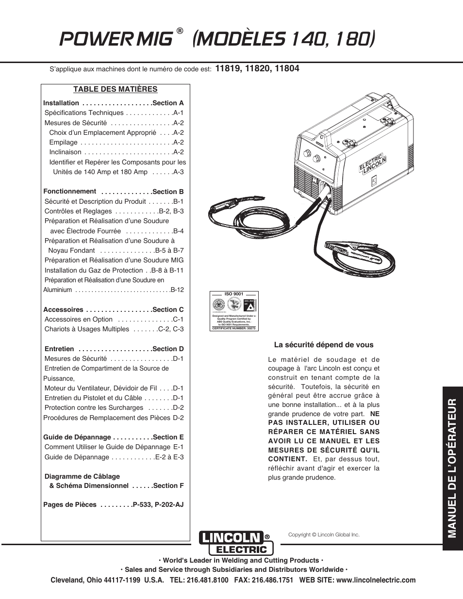 Manuel de l ʼopéra teur | Lincoln Electric IMT10099 POWER MIG 140_180 User Manual | Page 69 / 104