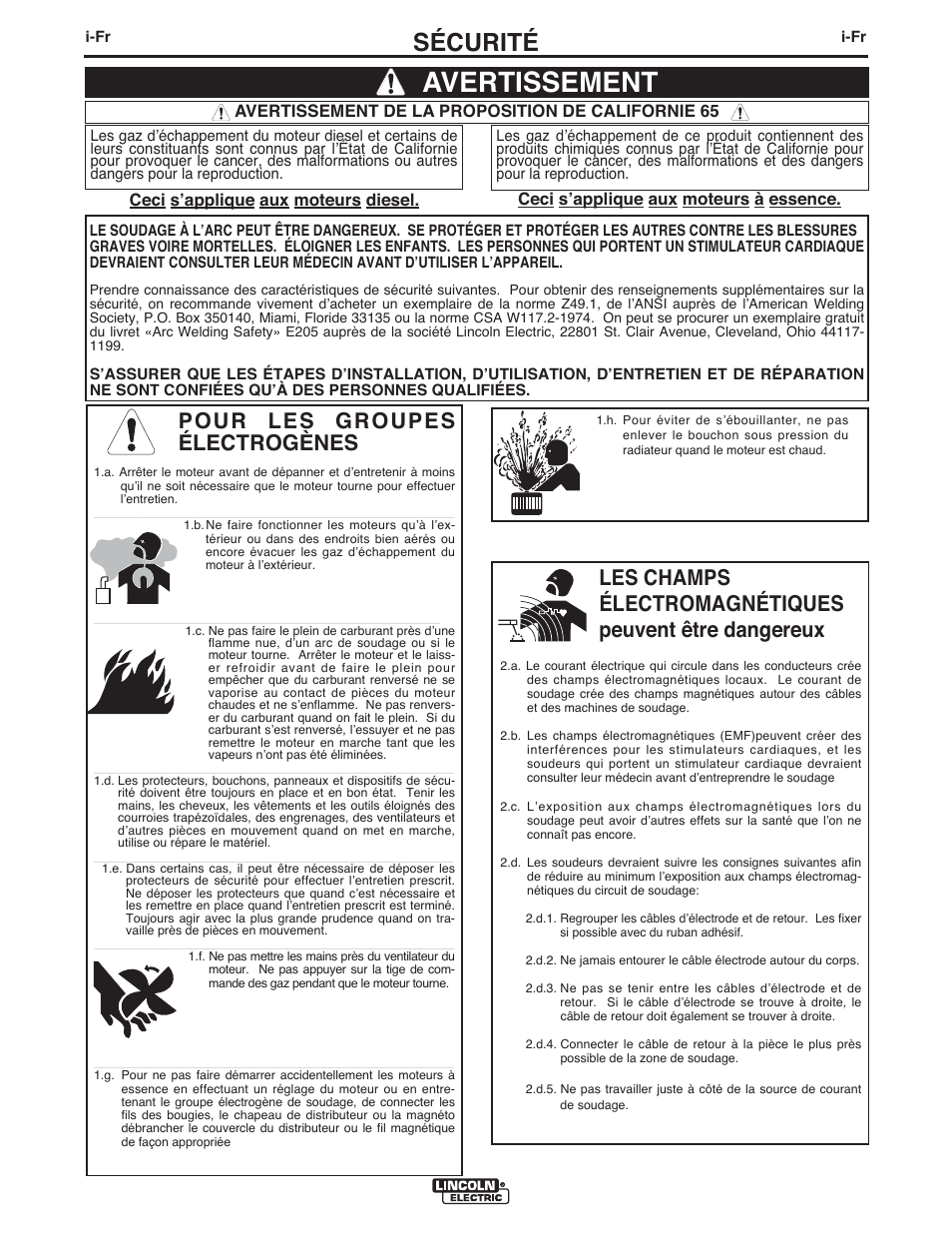 Avertissement, Sécurité, Pour les groupes électrogènes | Lincoln Electric IMT10099 POWER MIG 140_180 User Manual | Page 70 / 104