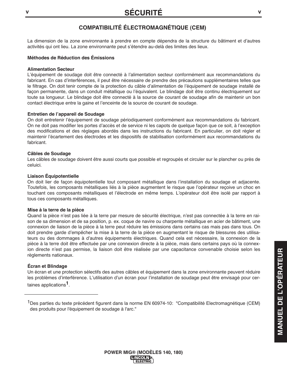 Sécurité, Manuel de l ʼopéra teur | Lincoln Electric IMT10099 POWER MIG 140_180 User Manual | Page 75 / 104