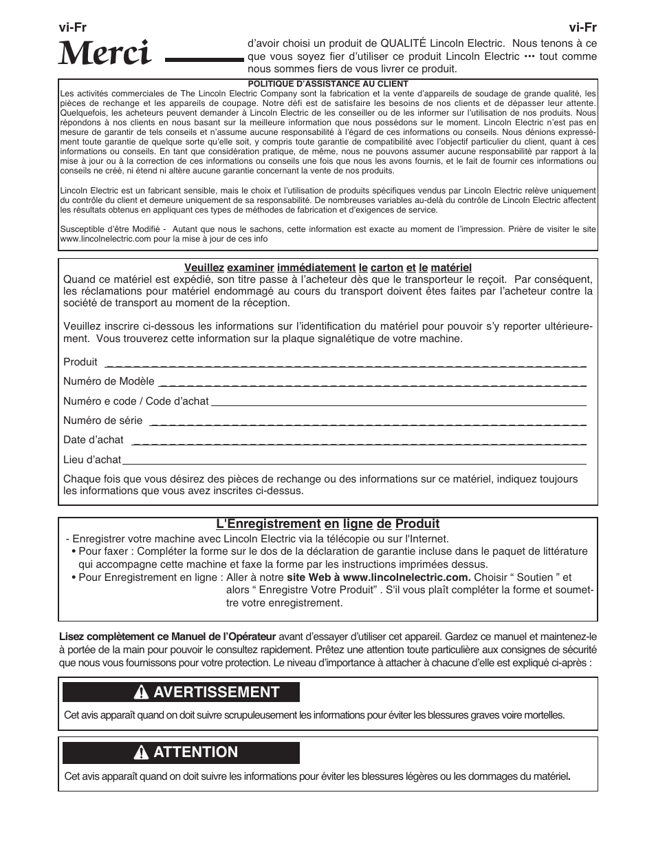 Merci, Avertissement, Attention | Lincoln Electric IMT10099 POWER MIG 140_180 User Manual | Page 76 / 104