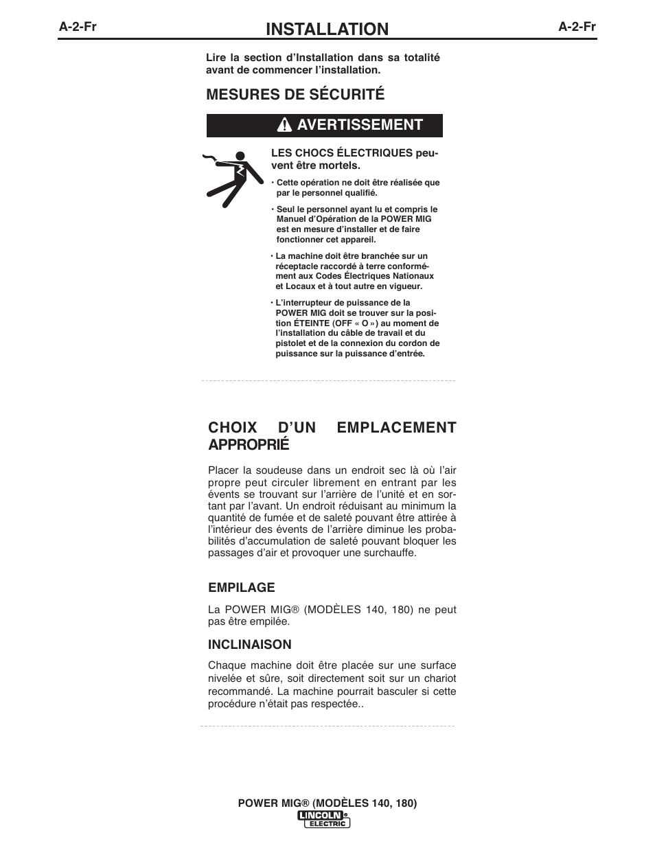 Installation, Choix dʼun emplacement approprié, Mesures de sécurité | Avertissement | Lincoln Electric IMT10099 POWER MIG 140_180 User Manual | Page 78 / 104