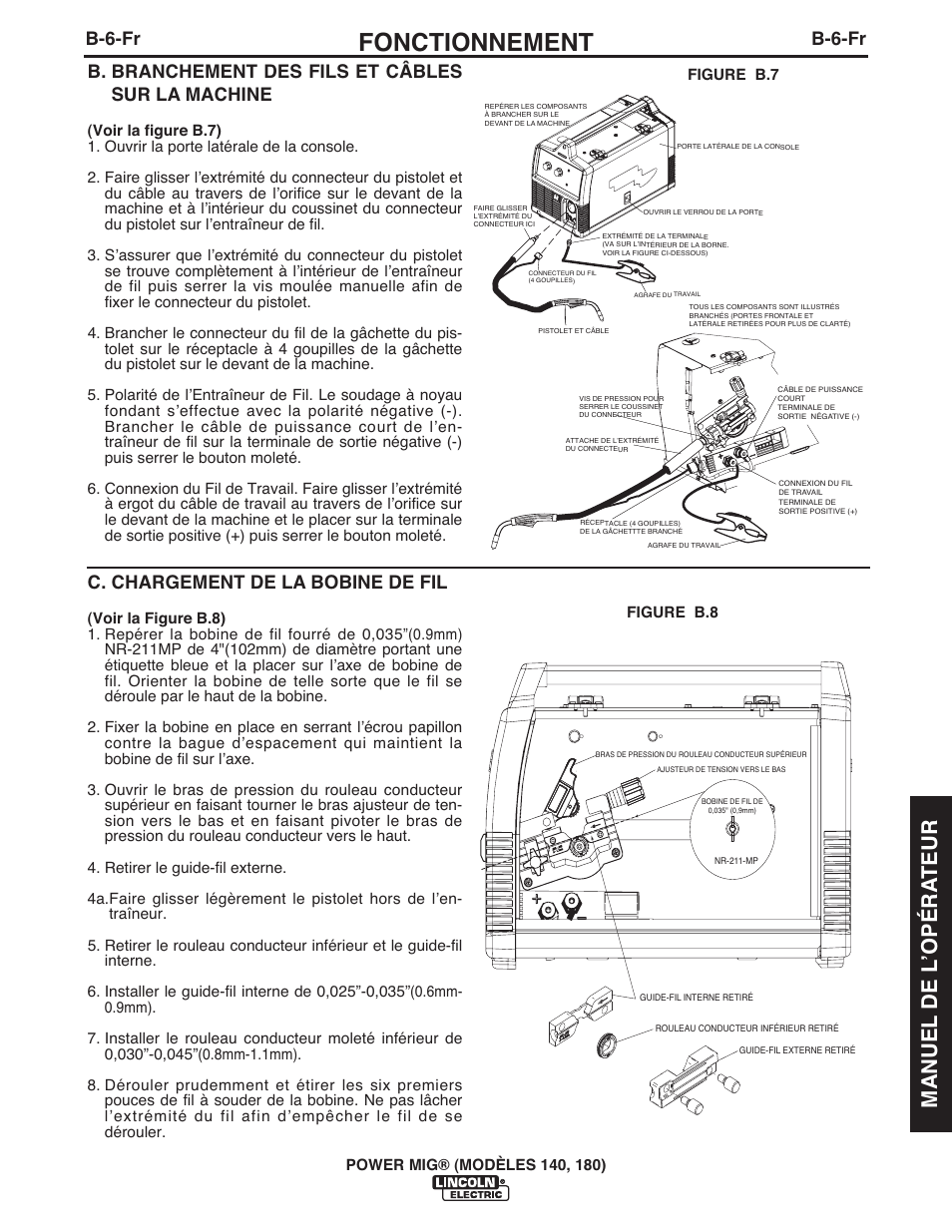 Fonctionnement, Manuel de l ʼopéra teur, B-6-fr | B. branchement des fils et câbles sur la machine, C. chargement de la bobine de fil | Lincoln Electric IMT10099 POWER MIG 140_180 User Manual | Page 85 / 104