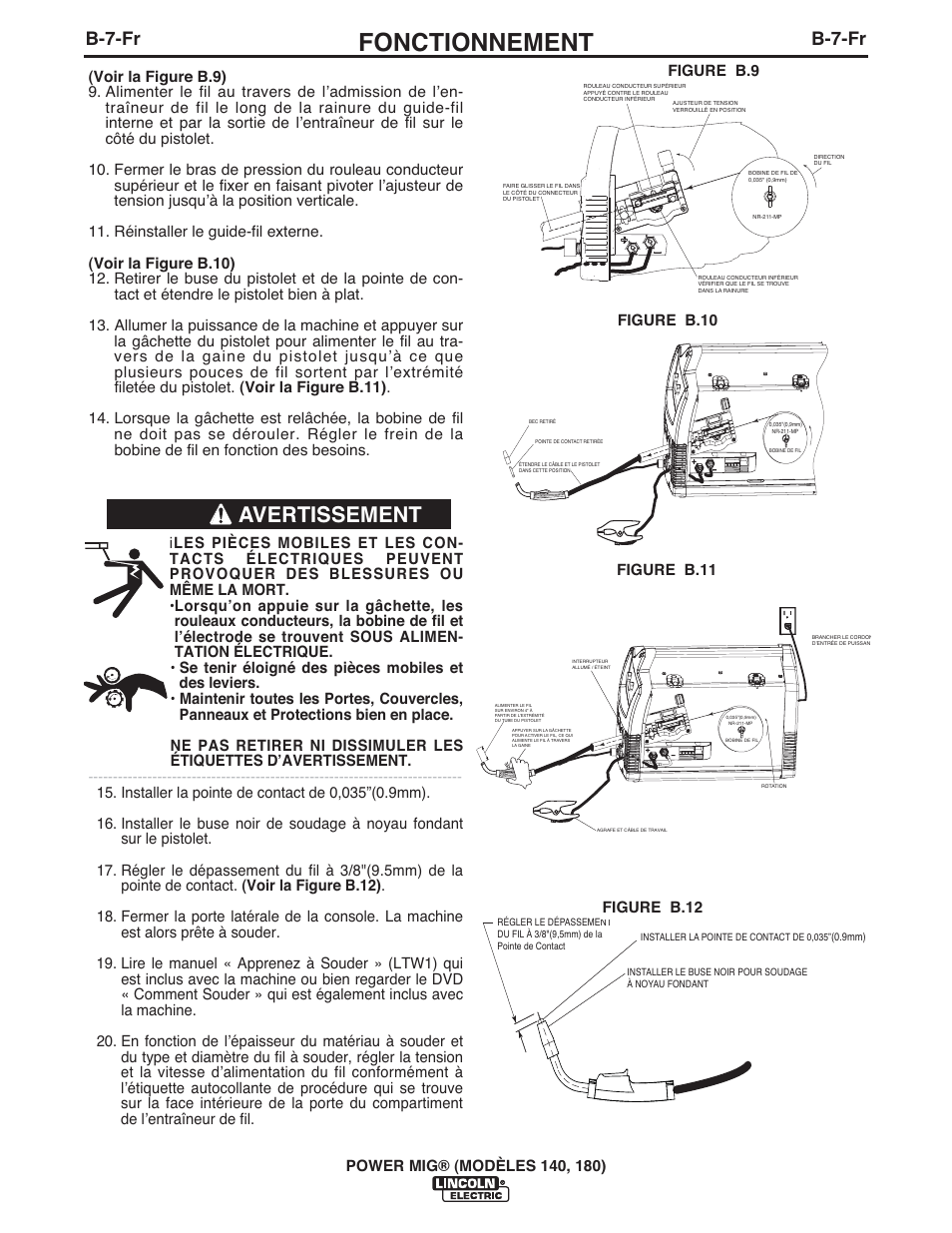 Fonctionnement, Avertissement, B-7-fr | Lincoln Electric IMT10099 POWER MIG 140_180 User Manual | Page 86 / 104