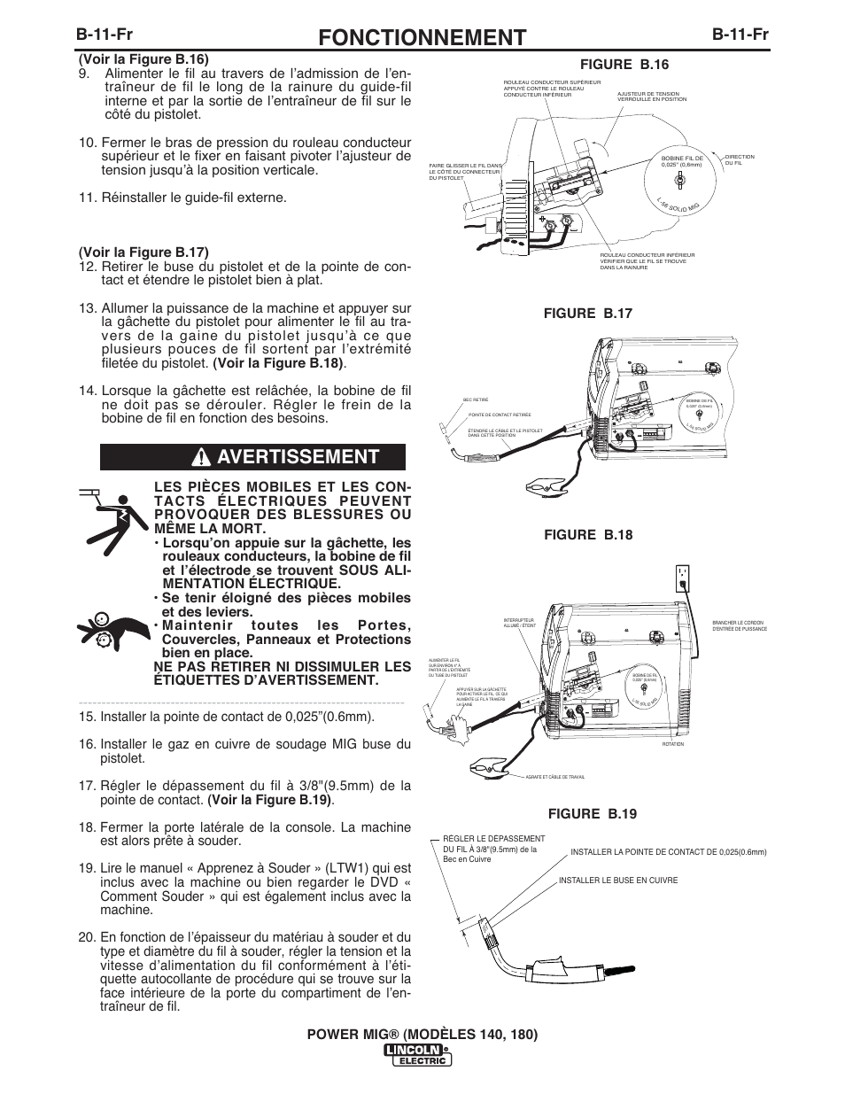 Fonctionnement, Avertissement, B-11-fr | Lincoln Electric IMT10099 POWER MIG 140_180 User Manual | Page 90 / 104