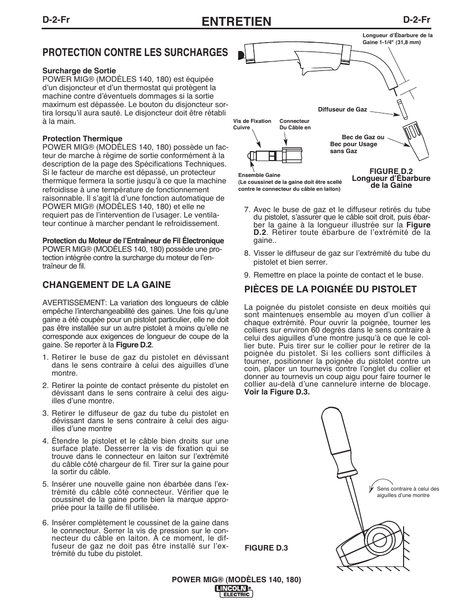 Entretien, Protection contre les surcharges | Lincoln Electric IMT10099 POWER MIG 140_180 User Manual | Page 96 / 104