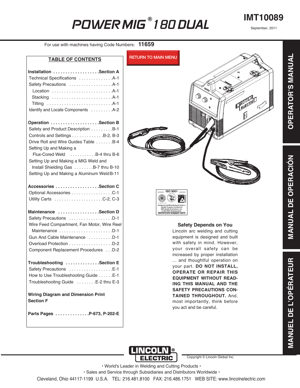 Lincoln Electric IMT10089 POWER MIG 180 DUAL User Manual | 92 pages
