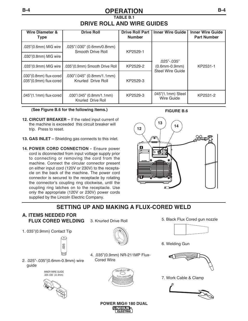 Operation, Setting up and making a flux-cored weld, Drive roll and wire guides | Lincoln Electric IMT10089 POWER MIG 180 DUAL User Manual | Page 12 / 92