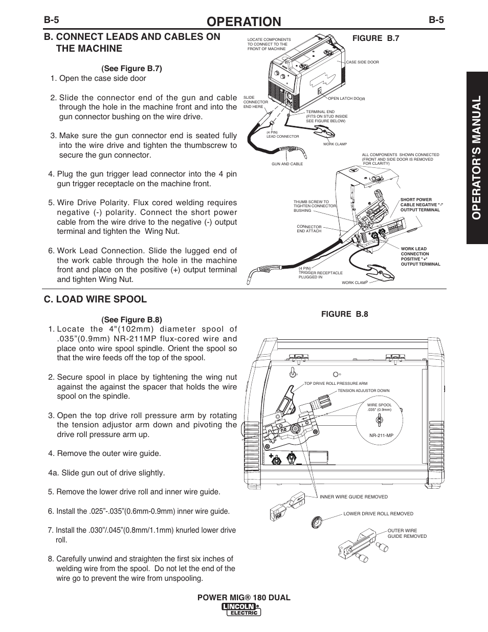 Operation, Opera t orʼs manual, B. connect leads and cables on the machine | C. load wire spool | Lincoln Electric IMT10089 POWER MIG 180 DUAL User Manual | Page 13 / 92