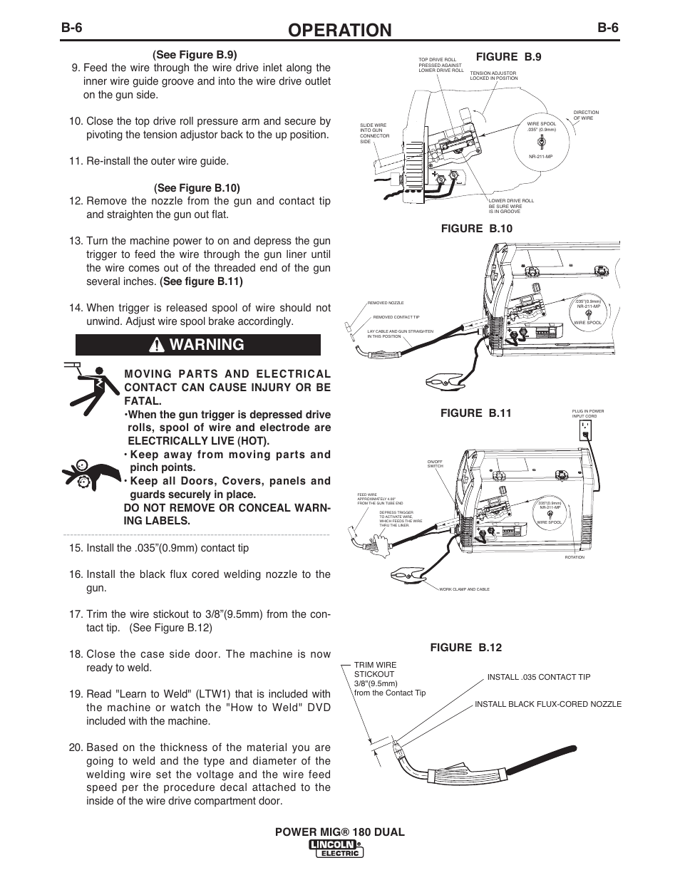 Operation, Warning | Lincoln Electric IMT10089 POWER MIG 180 DUAL User Manual | Page 14 / 92