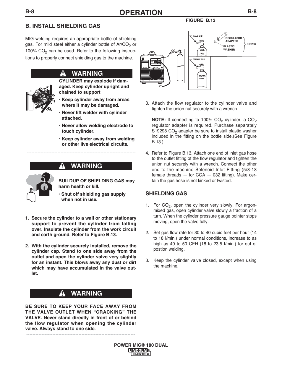 Operation, Warning, B. install shielding gas | Shielding gas | Lincoln Electric IMT10089 POWER MIG 180 DUAL User Manual | Page 16 / 92