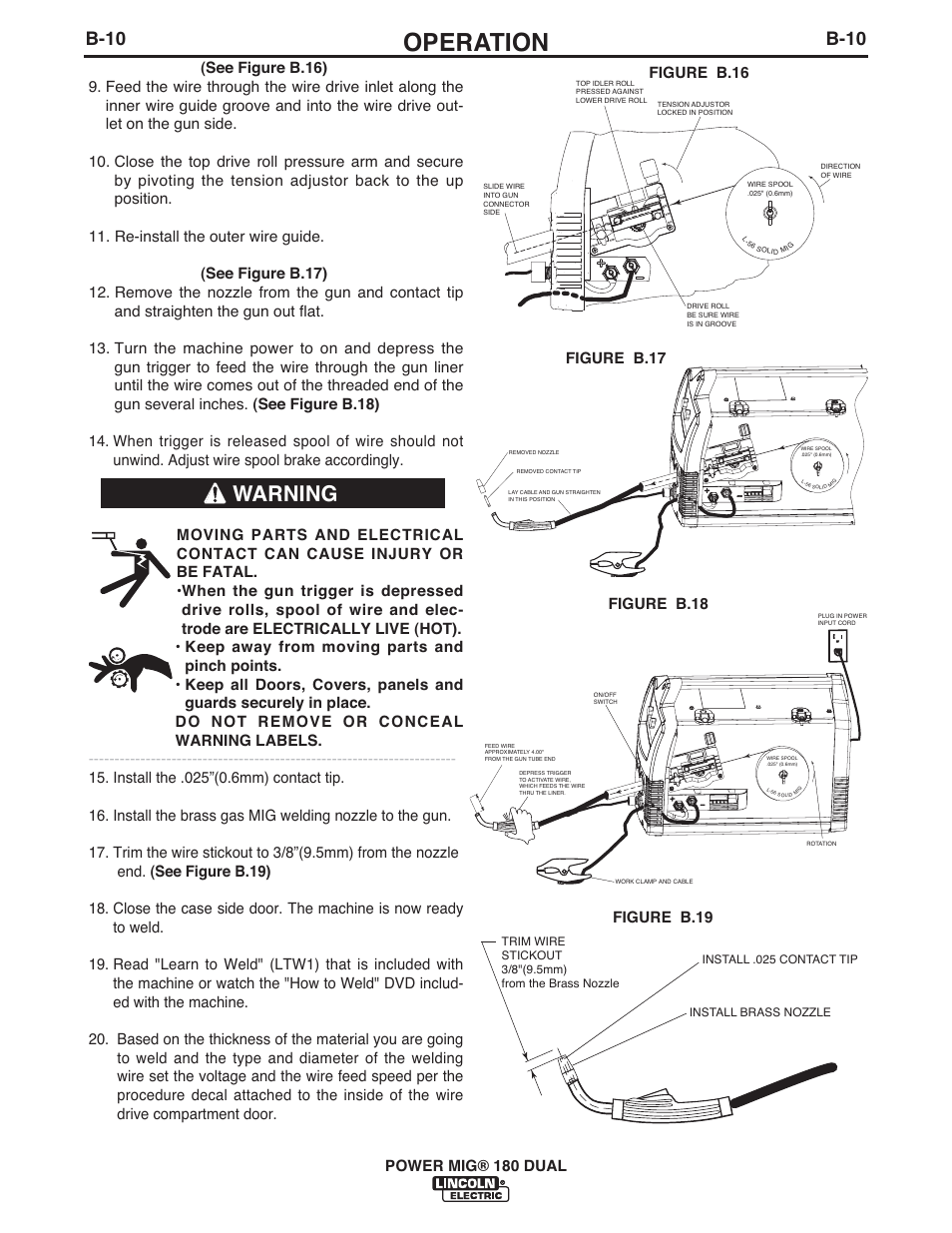 Operation, Warning, B-10 | Lincoln Electric IMT10089 POWER MIG 180 DUAL User Manual | Page 18 / 92