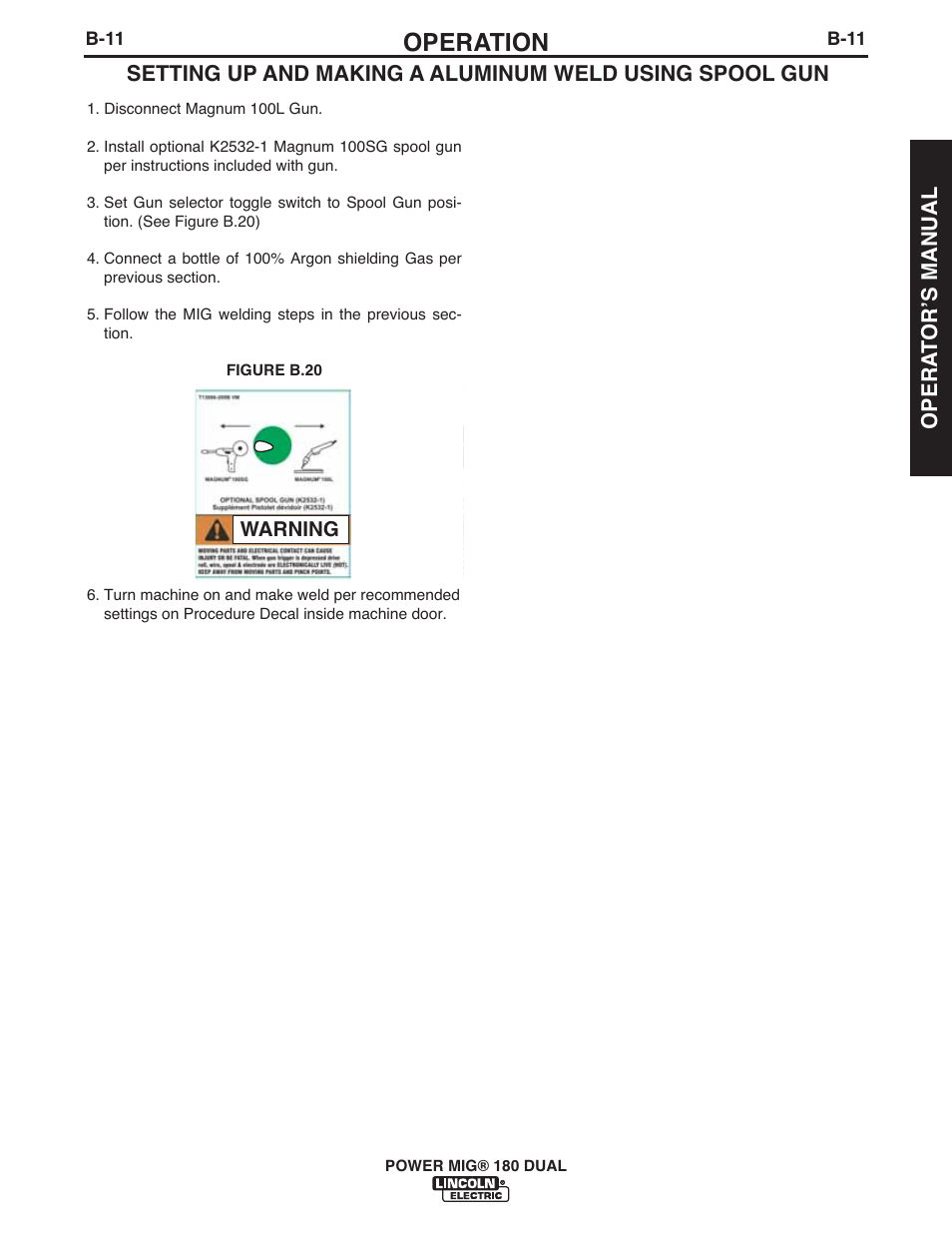 Operation, Opera t orʼs manual | Lincoln Electric IMT10089 POWER MIG 180 DUAL User Manual | Page 19 / 92