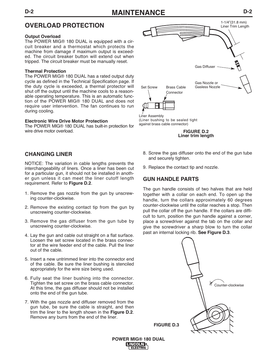 Maintenance, Overload protection | Lincoln Electric IMT10089 POWER MIG 180 DUAL User Manual | Page 24 / 92