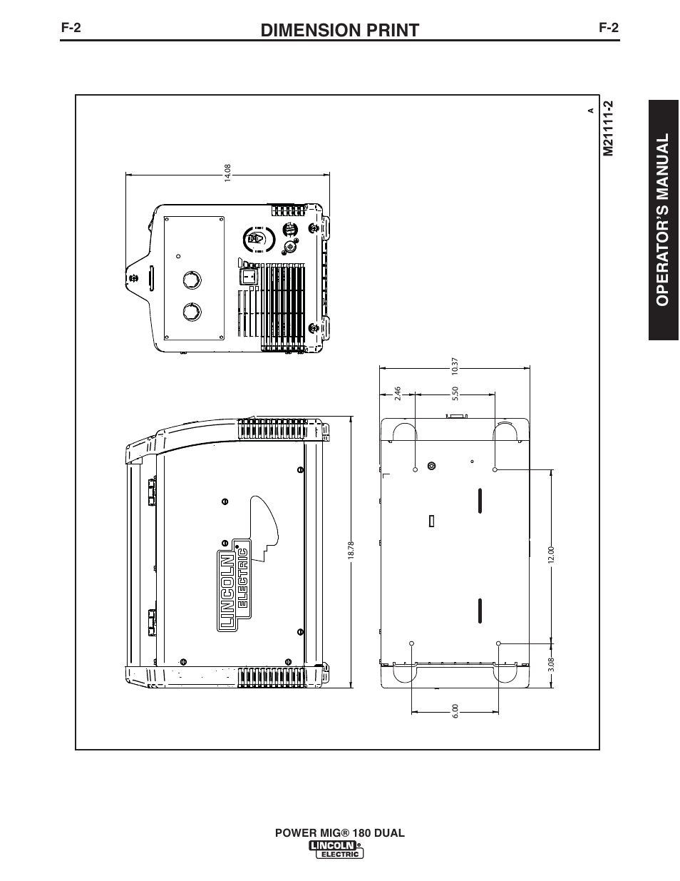 Dimension print, Opera t orʼs manual | Lincoln Electric IMT10089 POWER MIG 180 DUAL User Manual | Page 29 / 92