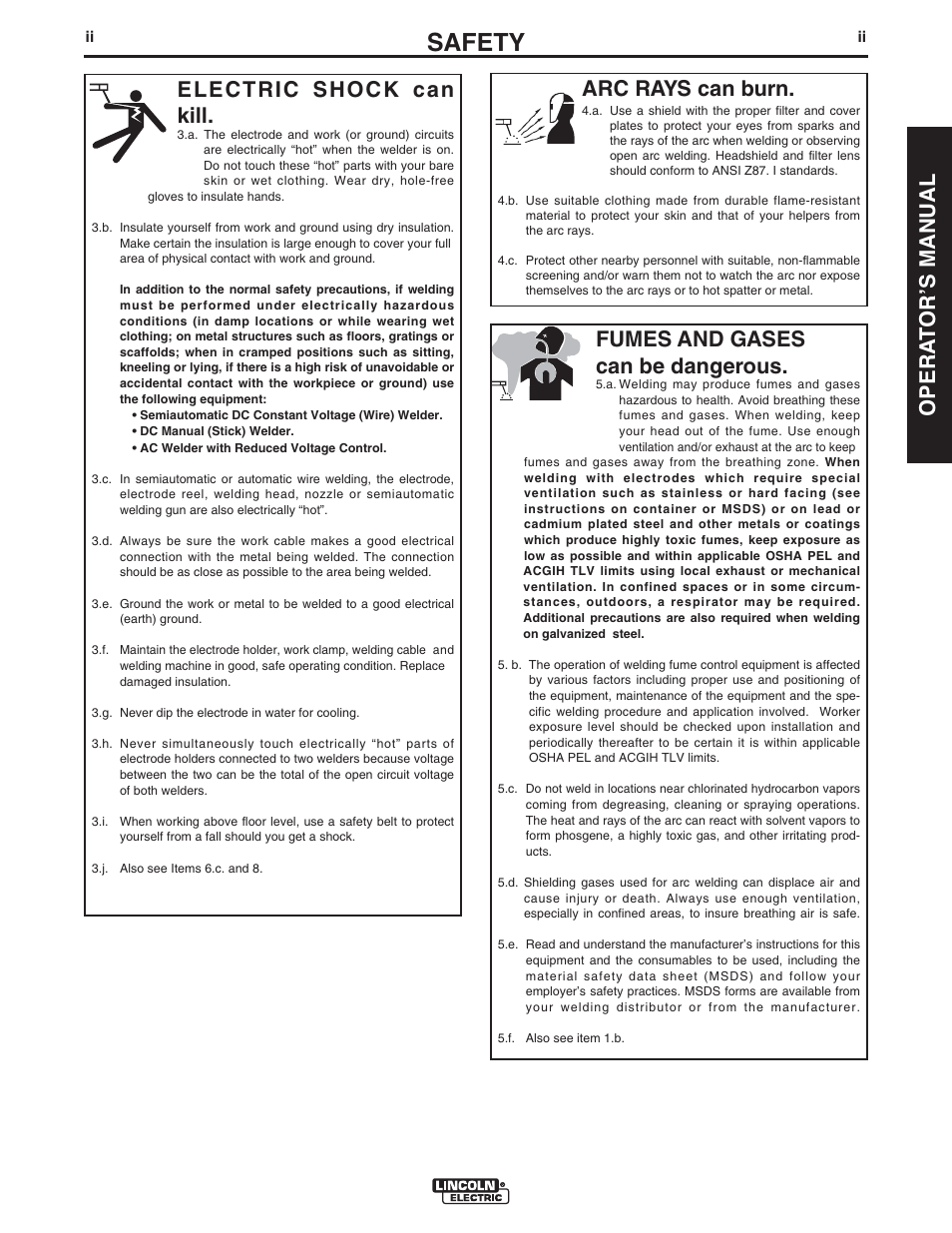 Safety, Opera t orʼs manual arc rays can burn, Electric shock can kill | Fumes and gases can be dangerous | Lincoln Electric IMT10089 POWER MIG 180 DUAL User Manual | Page 3 / 92