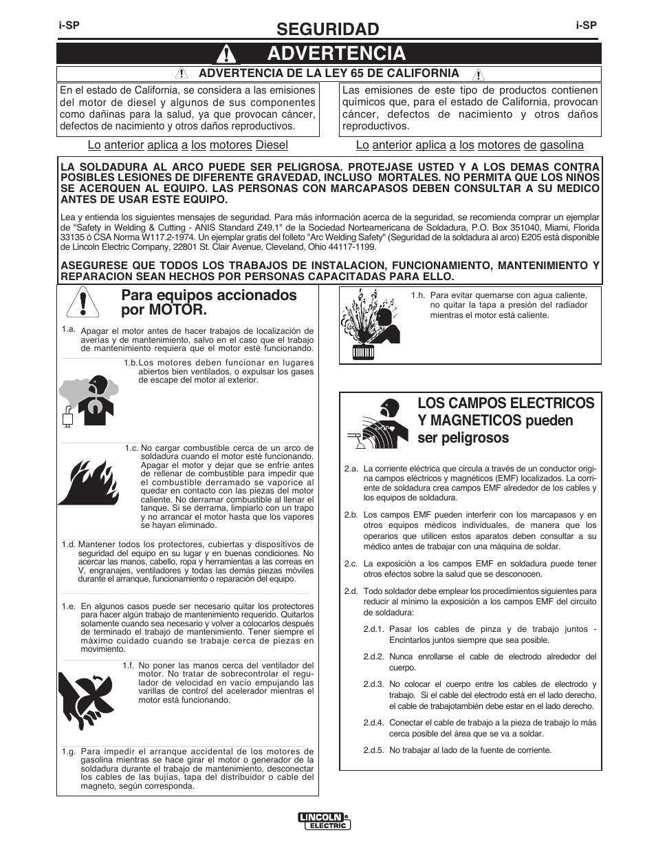 Advertencia, Seguridad, Para equipos accionados por motor | Advertencia de la ley 65 de california | Lincoln Electric IMT10089 POWER MIG 180 DUAL User Manual | Page 32 / 92