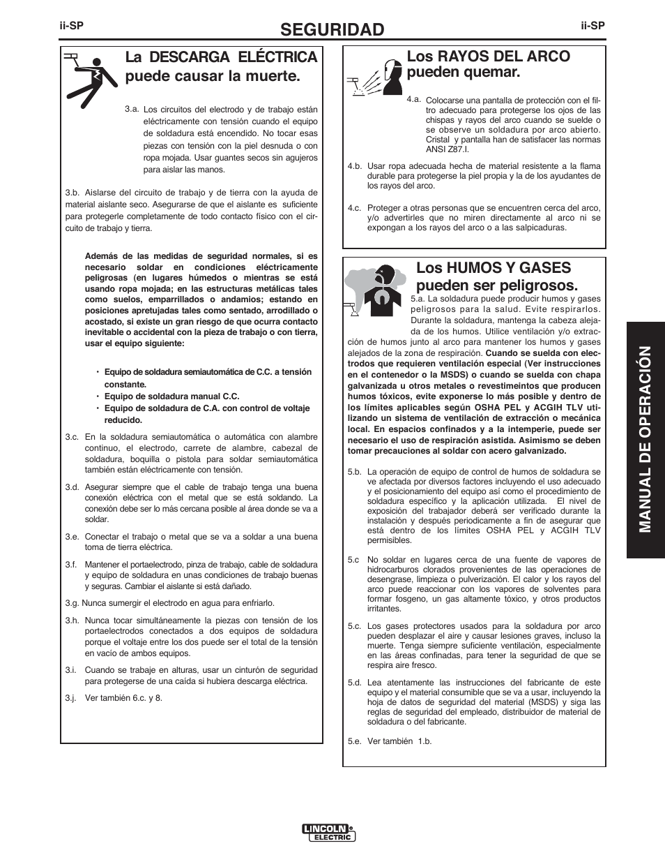 Seguridad, La descarga eléctrica puede causar la muerte, Los humos y gases pueden ser peligrosos | Lincoln Electric IMT10089 POWER MIG 180 DUAL User Manual | Page 33 / 92