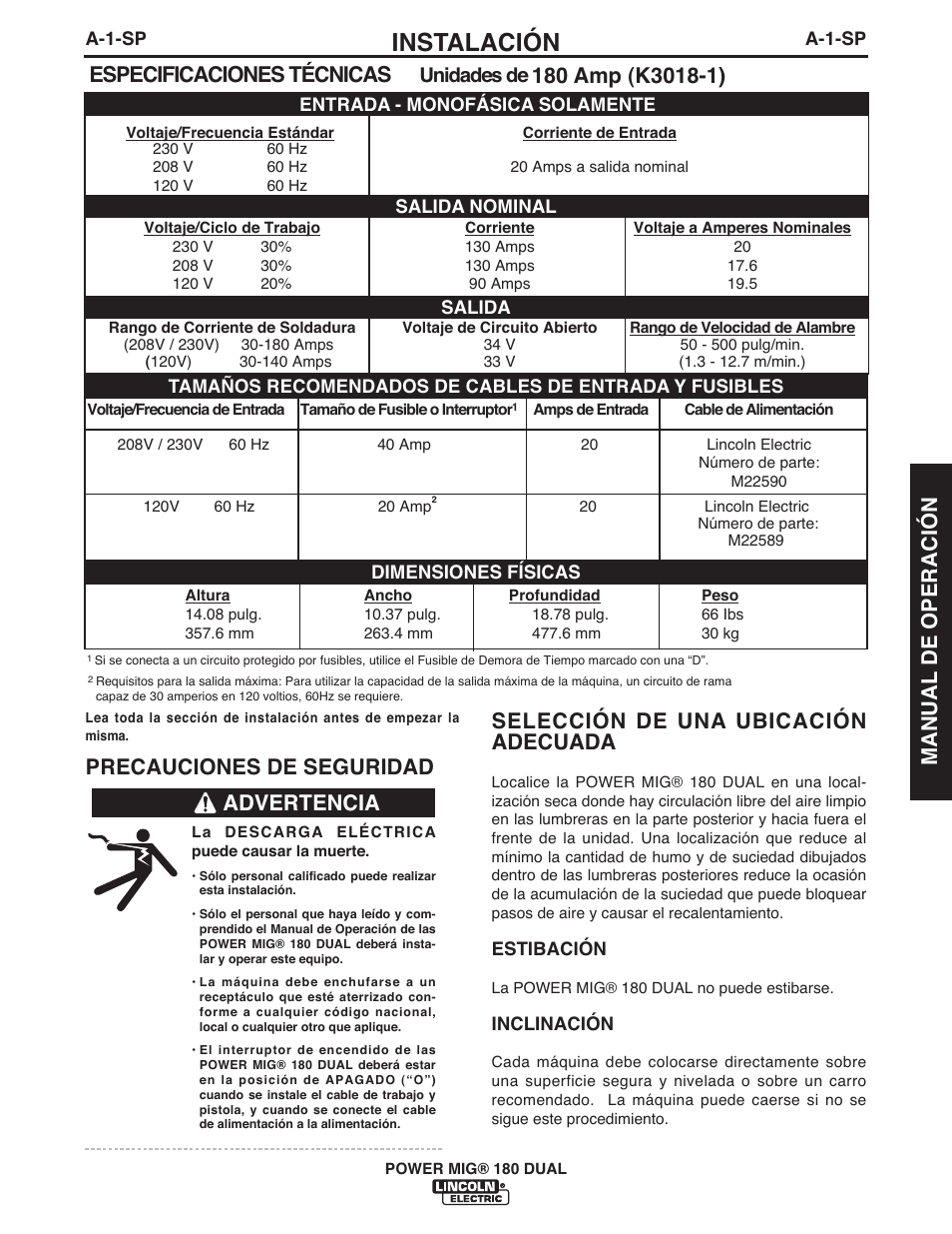 Instalación, Especificaciones técnicas, Precauciones de seguridad | Advertencia, Unidades de | Lincoln Electric IMT10089 POWER MIG 180 DUAL User Manual | Page 37 / 92