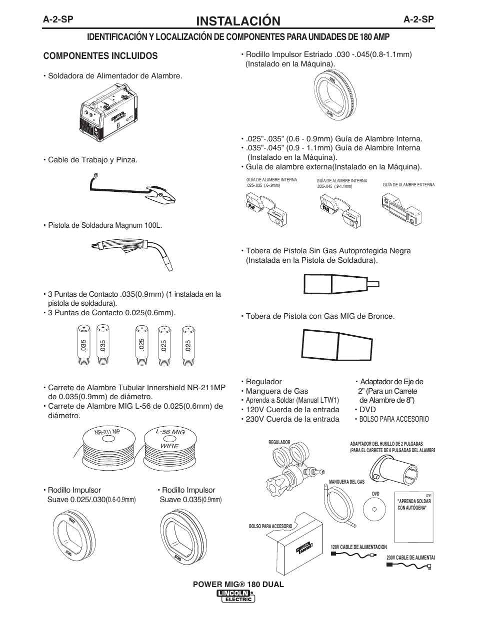 Instalación, A-2-sp, A-2-sp componentes incluidos | Lincoln Electric IMT10089 POWER MIG 180 DUAL User Manual | Page 38 / 92