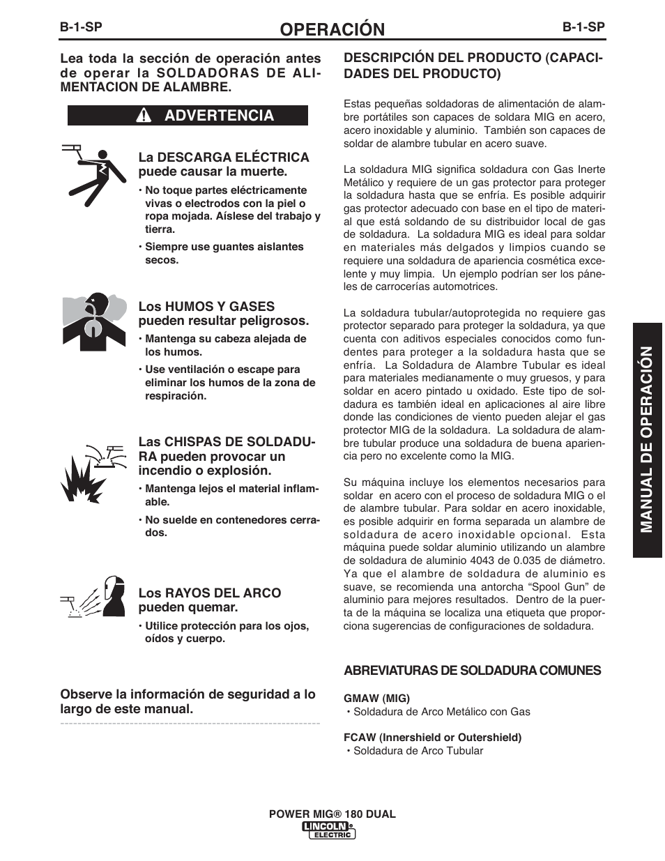 Operación, Advertencia manual de operación | Lincoln Electric IMT10089 POWER MIG 180 DUAL User Manual | Page 39 / 92