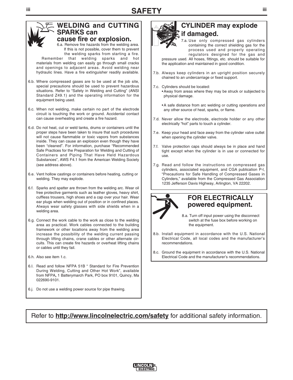 Safety, For electrically powered equipment, Cylinder may explode if damaged | Lincoln Electric IMT10089 POWER MIG 180 DUAL User Manual | Page 4 / 92