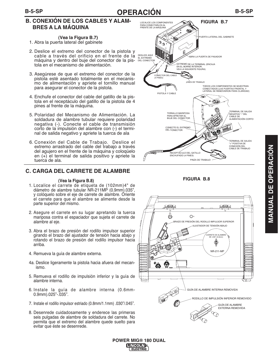 Operación, Manual de operación, B-5-sp | C. carga del carrete de alambre | Lincoln Electric IMT10089 POWER MIG 180 DUAL User Manual | Page 43 / 92