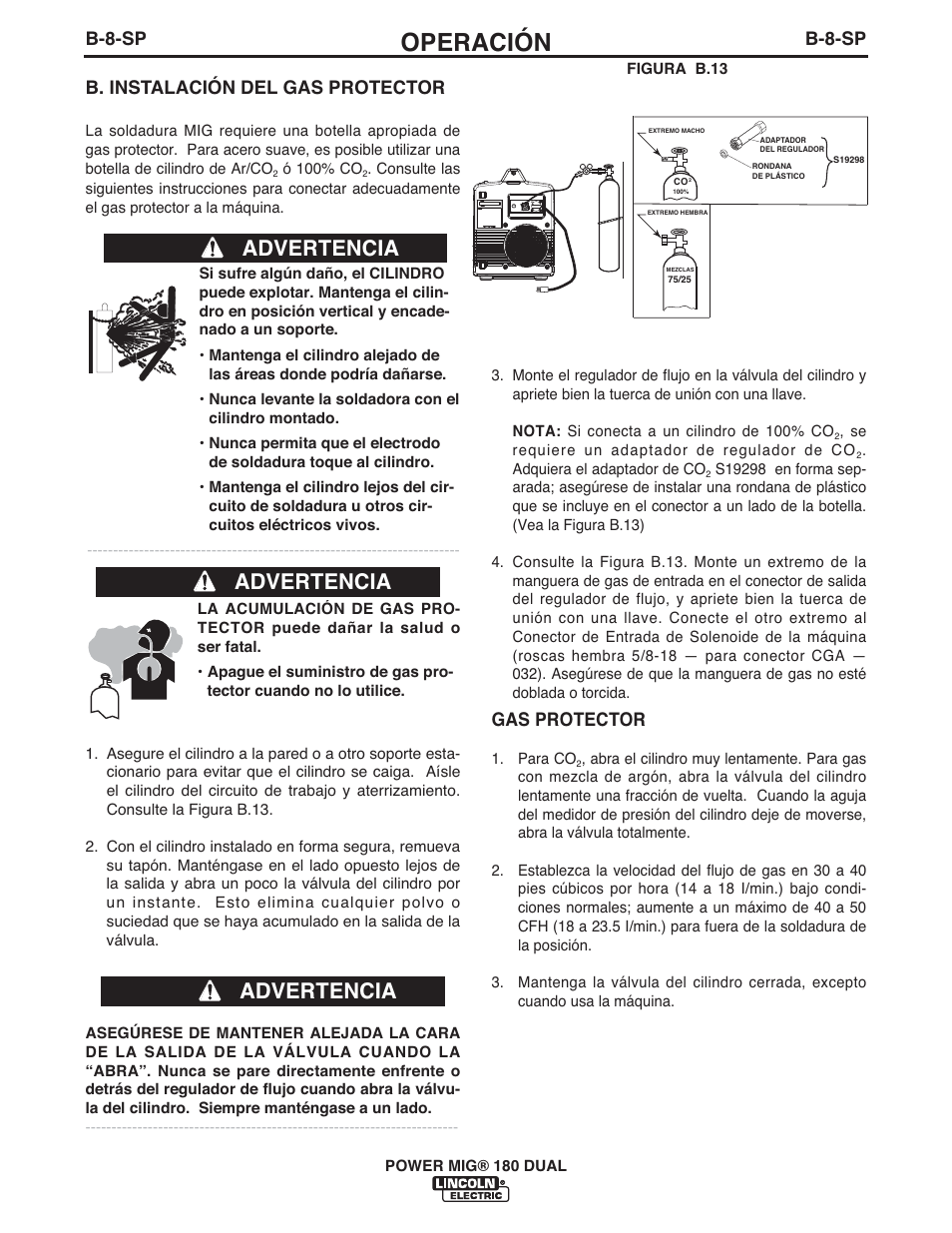 Operación, Advertencia, B-8-sp | B. instalación del gas protector, Gas protector | Lincoln Electric IMT10089 POWER MIG 180 DUAL User Manual | Page 46 / 92