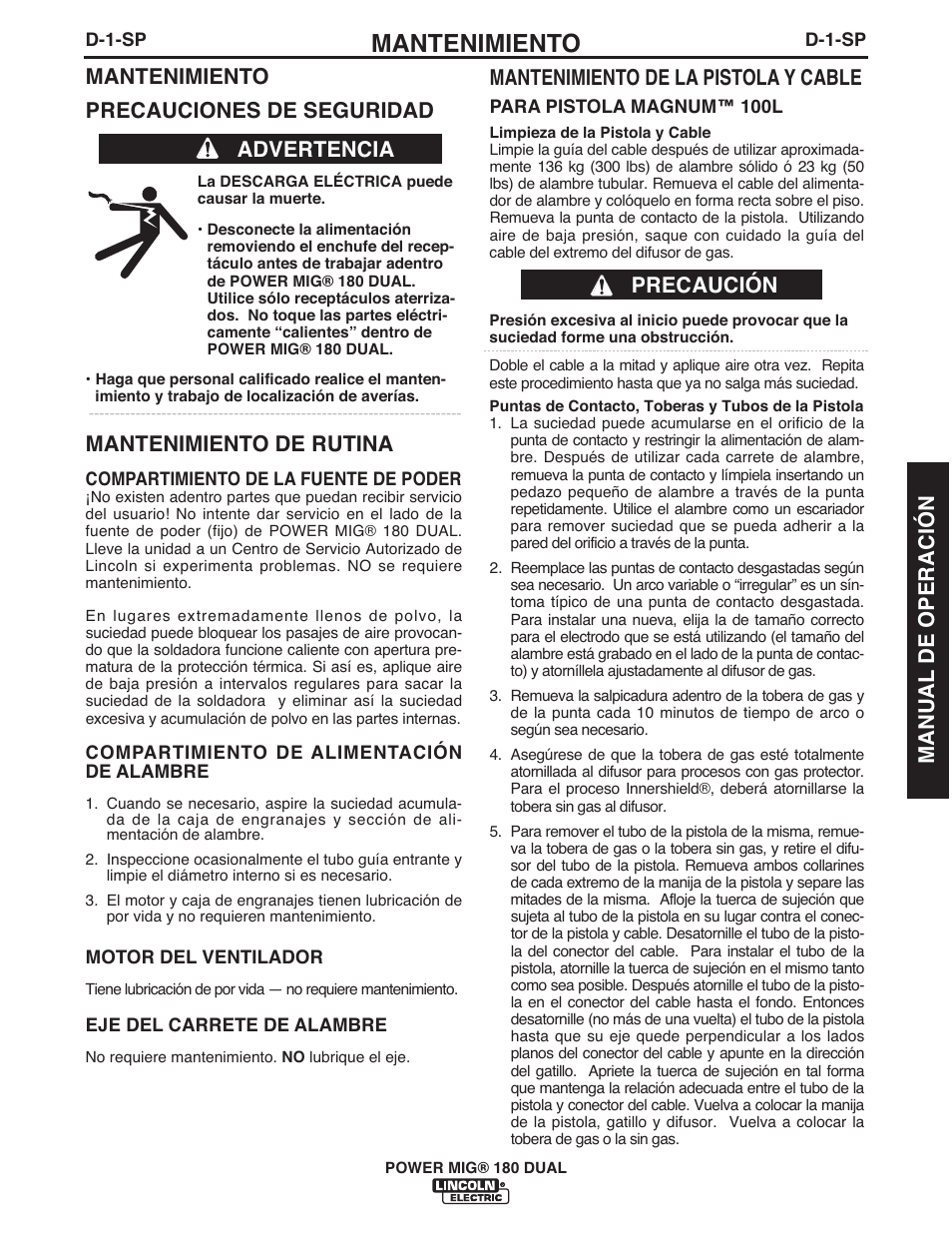 Mantenimiento, Mantenimiento precauciones de seguridad, Mantenimiento de rutina | Advertencia mantenimiento de la pistola y cable, Precaución manual de operación | Lincoln Electric IMT10089 POWER MIG 180 DUAL User Manual | Page 53 / 92